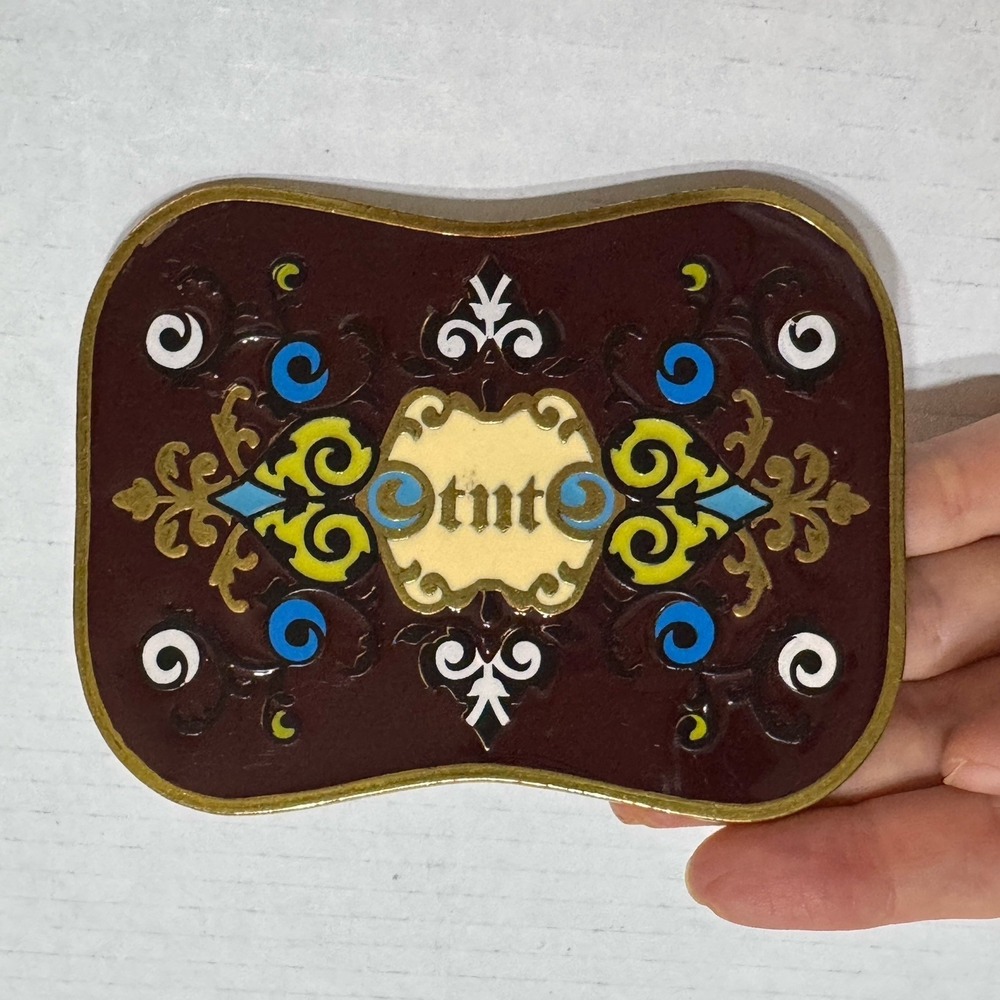 Inlaid Enamel Brass Belt Buckle W Logo TNT Vtg Statement Chunky Cowboy Western